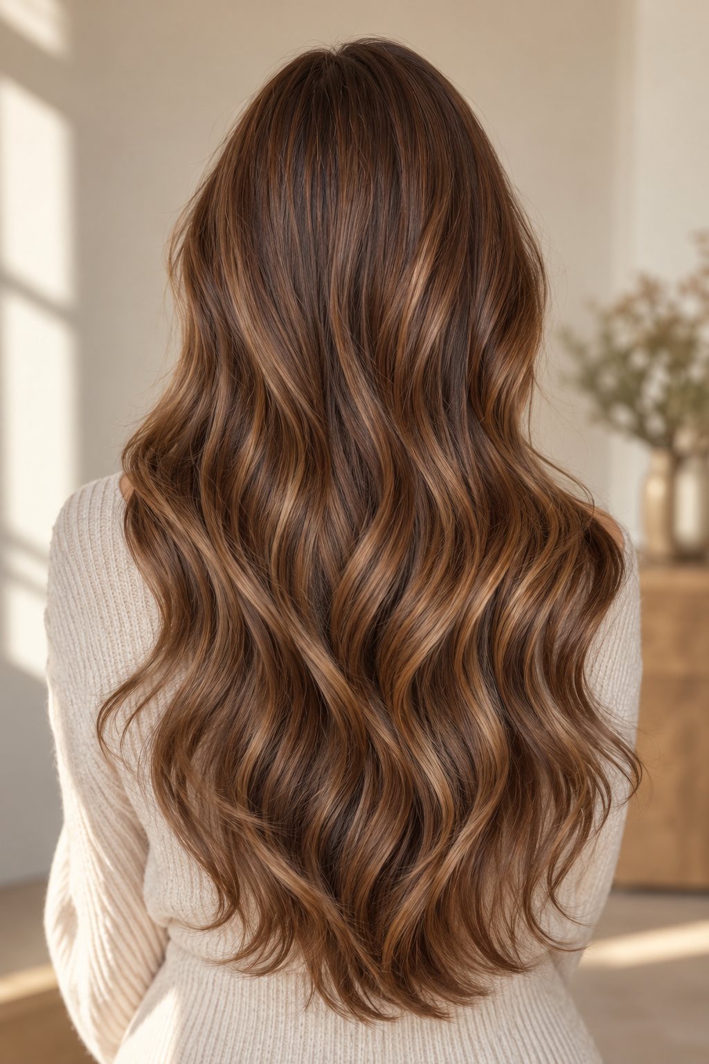 Balayage caramel sur cheveux châtains, vue de dos