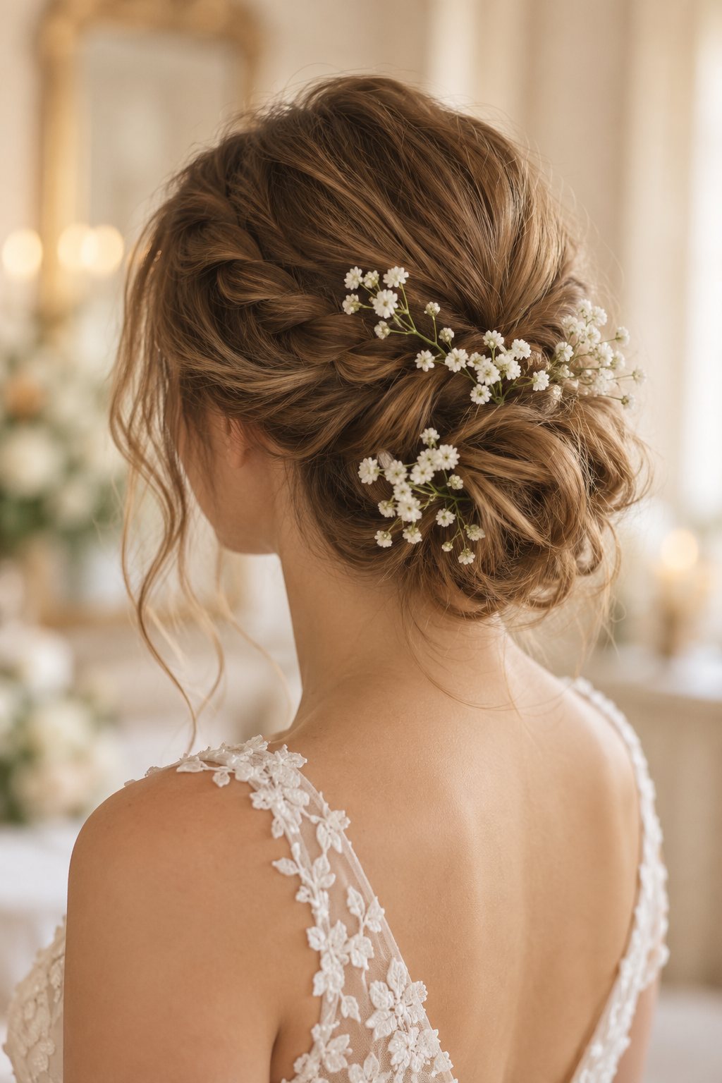 Chignon de mariée bohème orné de petites fleurs blanches