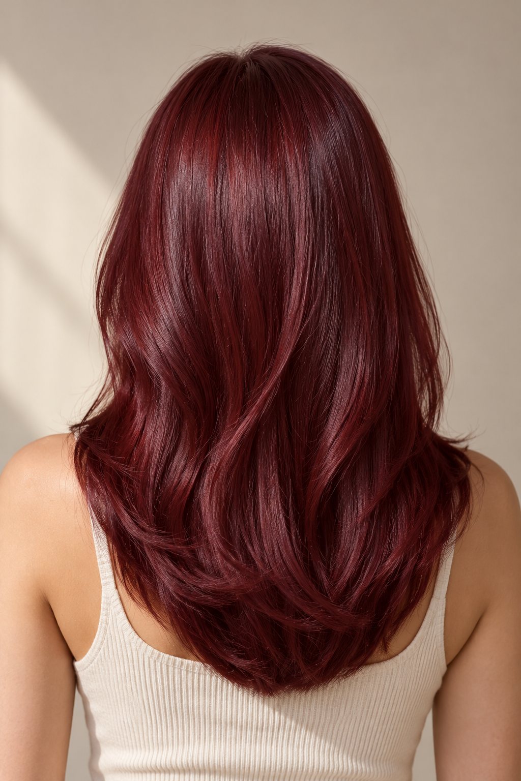 Cheveux d’un rouge profond brillant, mi-longs