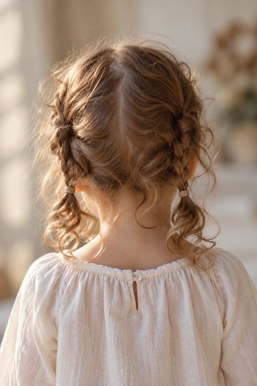 Cheveux bouclés d’une fillette coiffés avec deux petites tresses