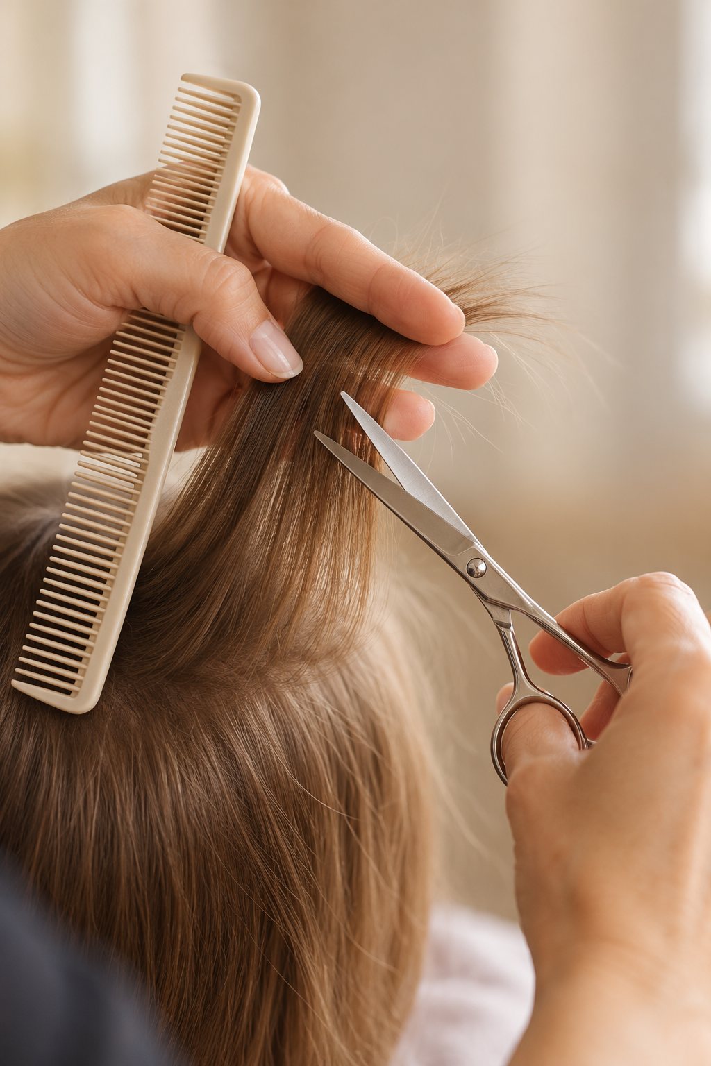 Mèche d’enfant peignée au peigne, ciseaux de coiffeur en main