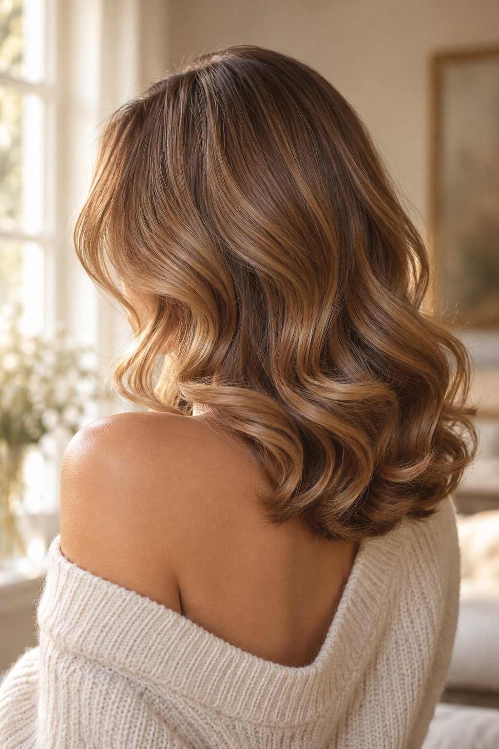 Brushing en boucles souples sur cheveux mi-longs caramel