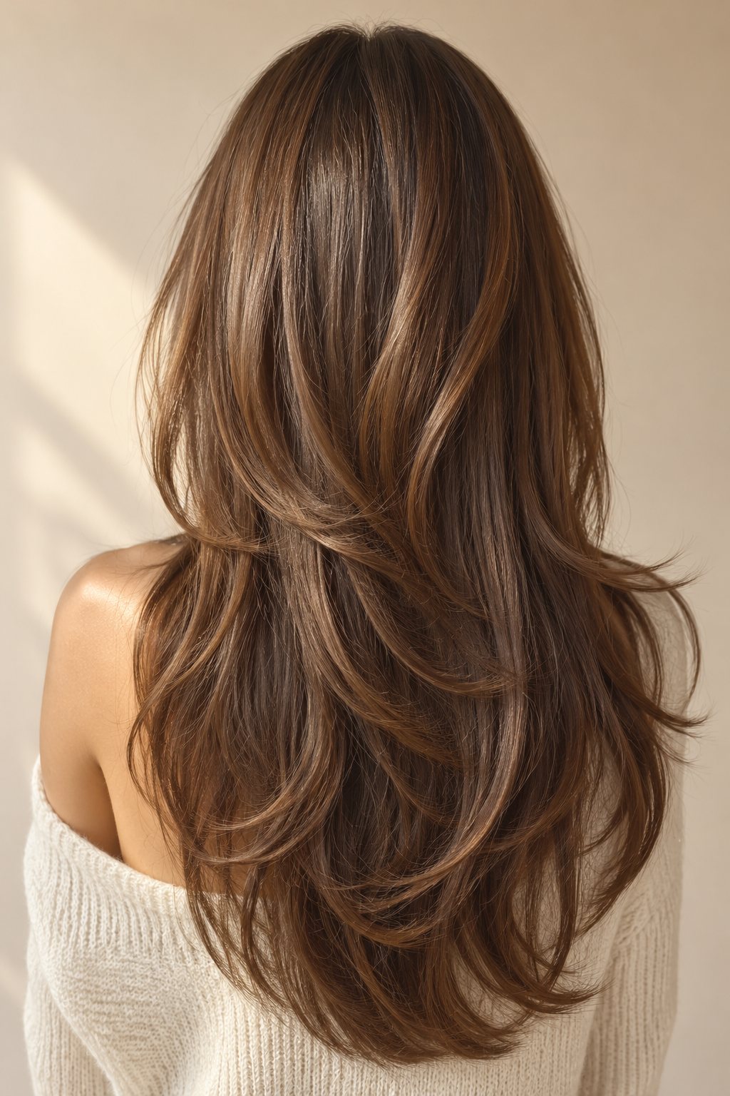 Coupe longue dégradée sur cheveux châtains brillants, vue de dos