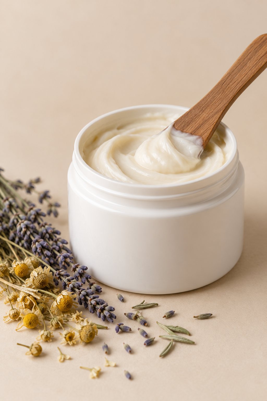 Pot de masque capillaire crémeux ouvert, avec une spatule en bois
