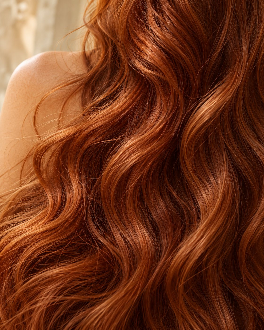 Cheveux longs ondulés aux reflets cuivrés, vue rapprochée
