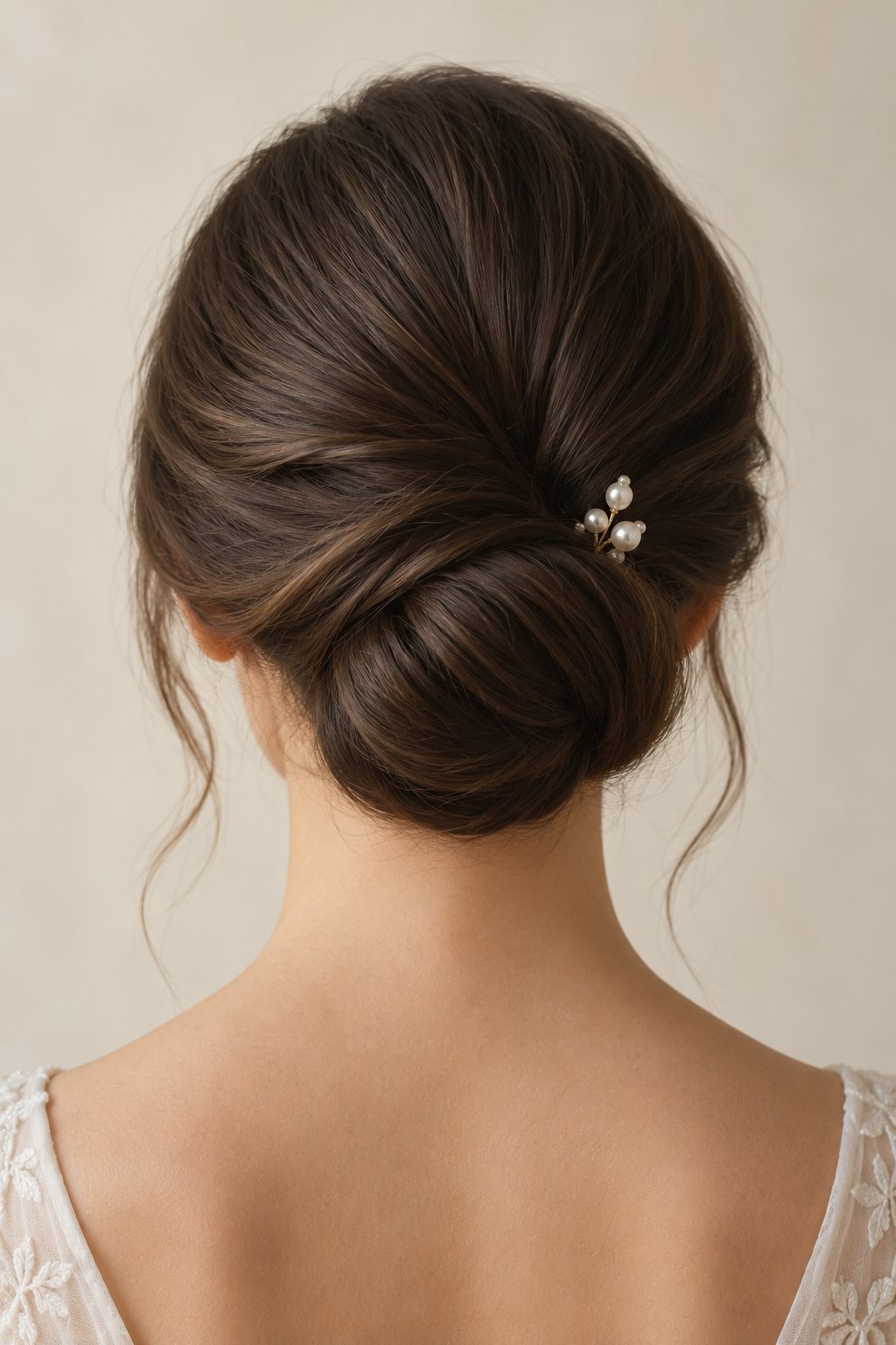 Chignon classique de mariée lissé avec une petite épingle perlée