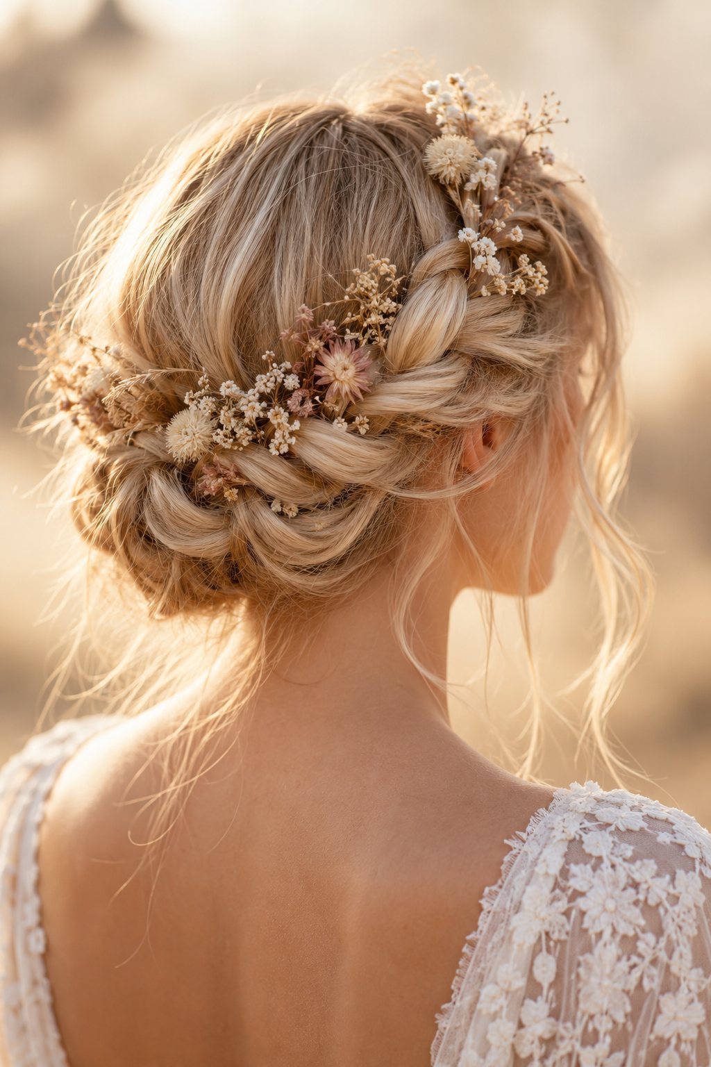 Coiffure de mariée bohème avec tresse couronne et fleurs séchées