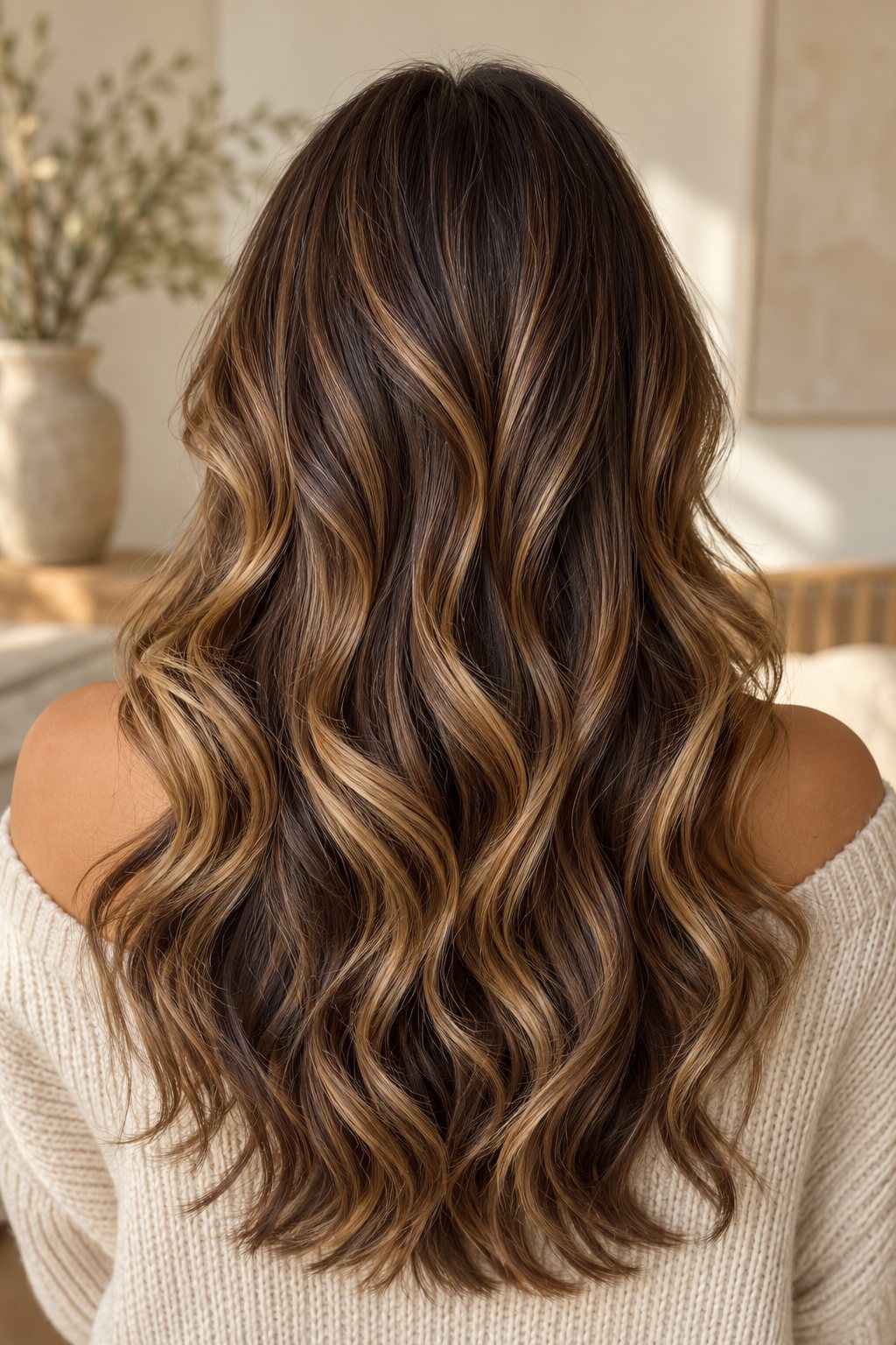 Mèches contrastées caramel sur cheveux bruns