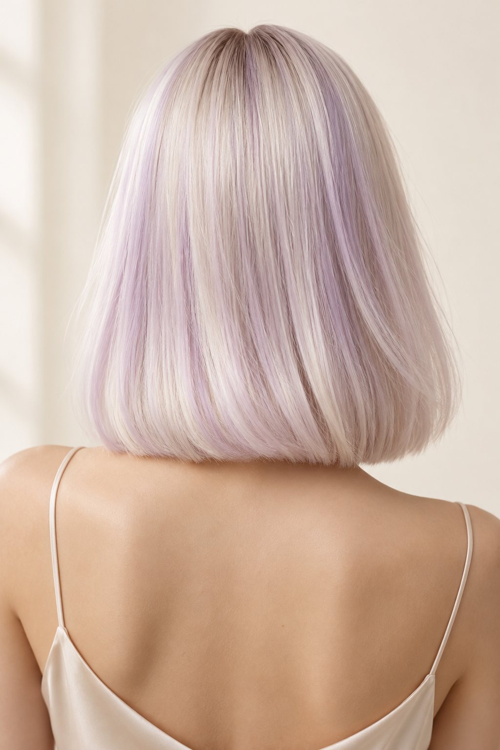 Cheveux blond platine patinés d’un lilas pastel