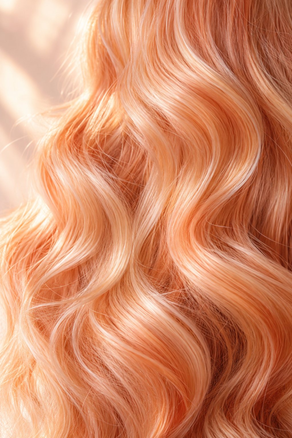 Cheveux ondulés aux reflets pêche pastel