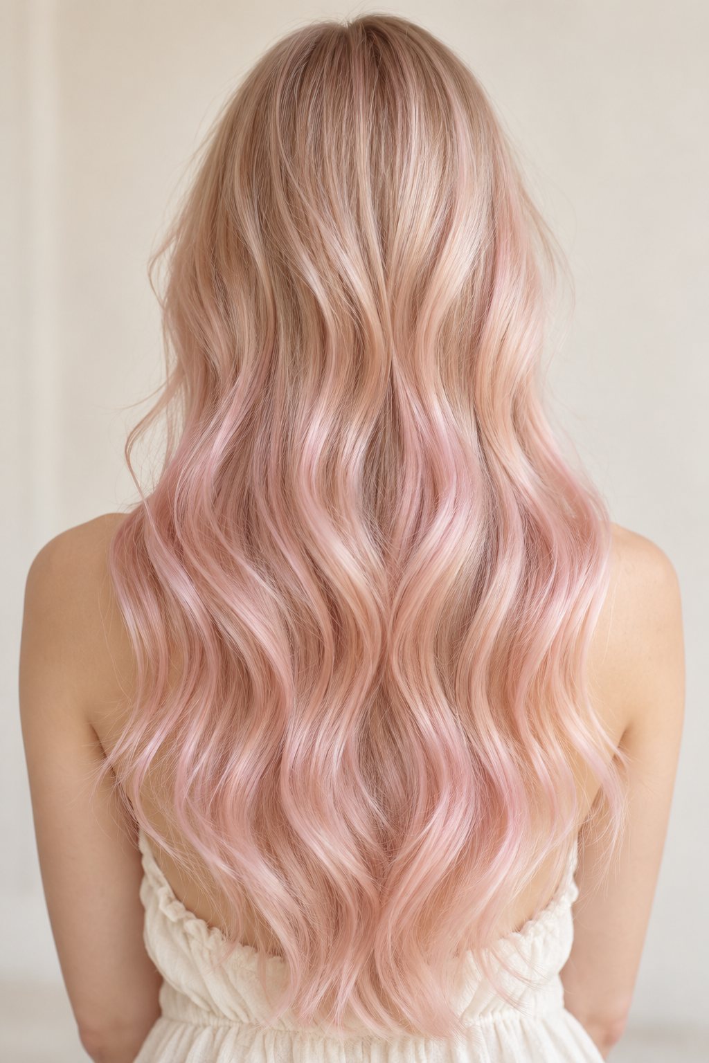 Cheveux blonds patinés d’une teinte rose pastel