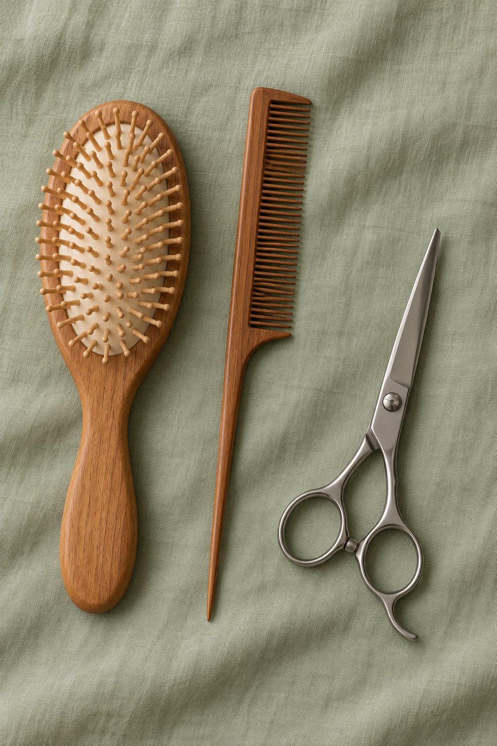 Peigne, brosse en bois et ciseaux de coiffeur posés à plat sur un lin vert pâle
