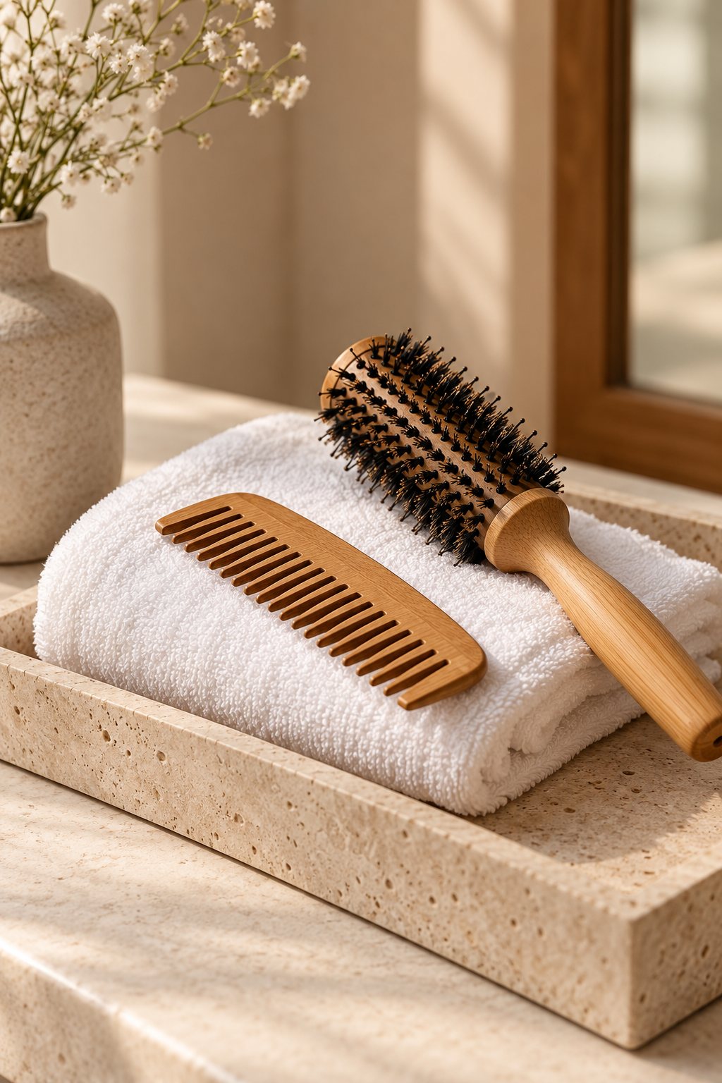 Serviette blanche pliée, peigne et brosse ronde sur un plateau en pierre claire