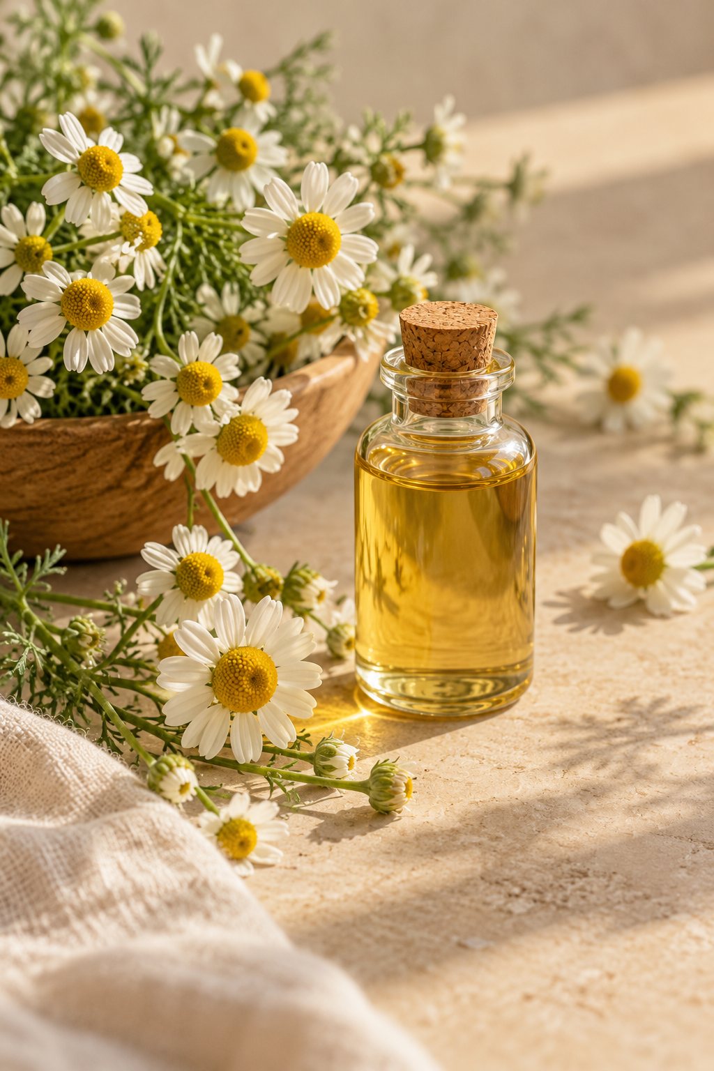 Fleurs de camomille et petit flacon d’huile dorée